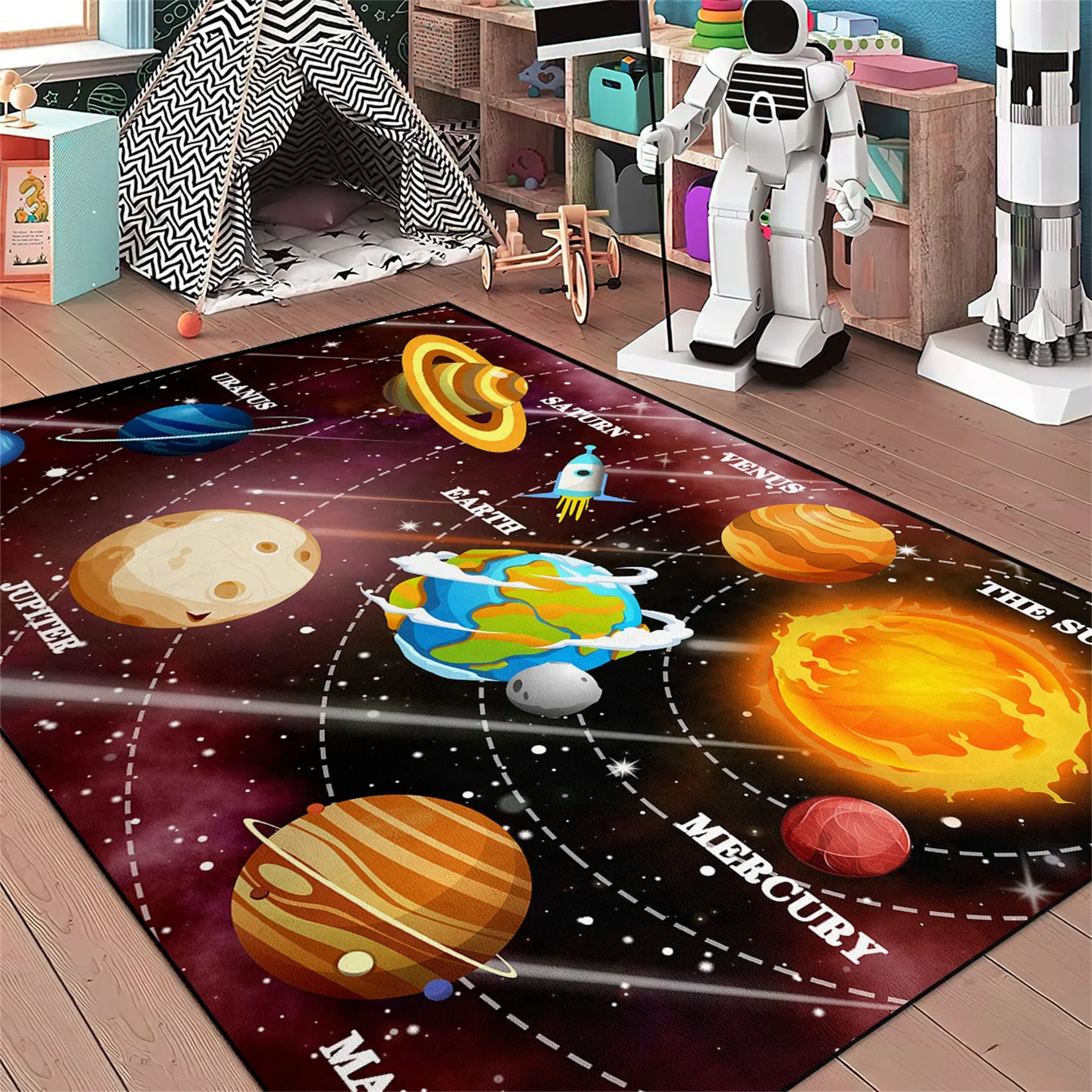VIKAMA Solar System Planets Theme Rug Bedroom Educational Learning Mat Soft Non-Slip Indoor Area Children's Rug Home Decor