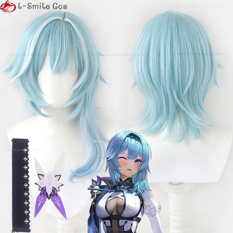 New Eula Cosplay Wig  Cosplay Eula Light Blue Highlights White Wig Heat Resistant Synthetic Hair Wigs Headwear