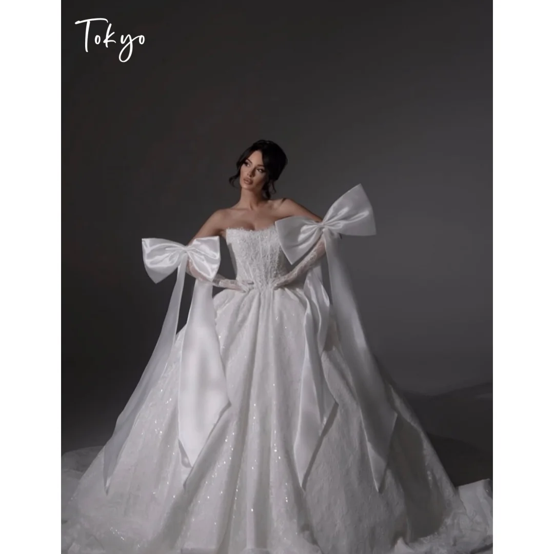Tokyo Custom Strapless Sequin Big Bow Decorated Wedding Dress Floor Length Satin Bridal Gown Elegant Formal Evening Outfit