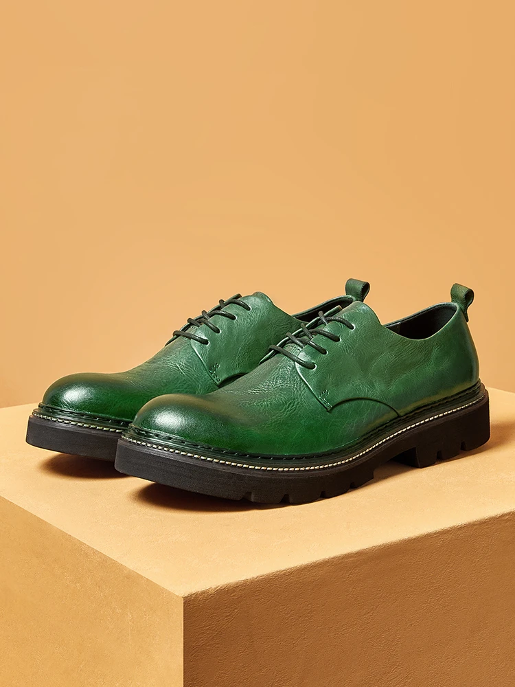 Trendy Design Mature Men's Round Toe Green Lace-up Handmade British Oxfords Male Genuine Leather Suit Beautiful Wedding Shos