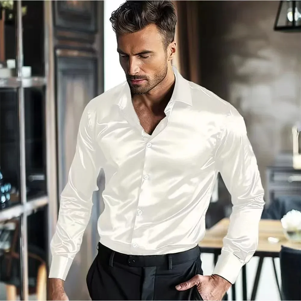 

FEGKZLI High-quality American Style Glossy Men's Silk Glossy Shirts Long Sleeve Shirt Cross-border Business Tuxedo Shirts Shirts