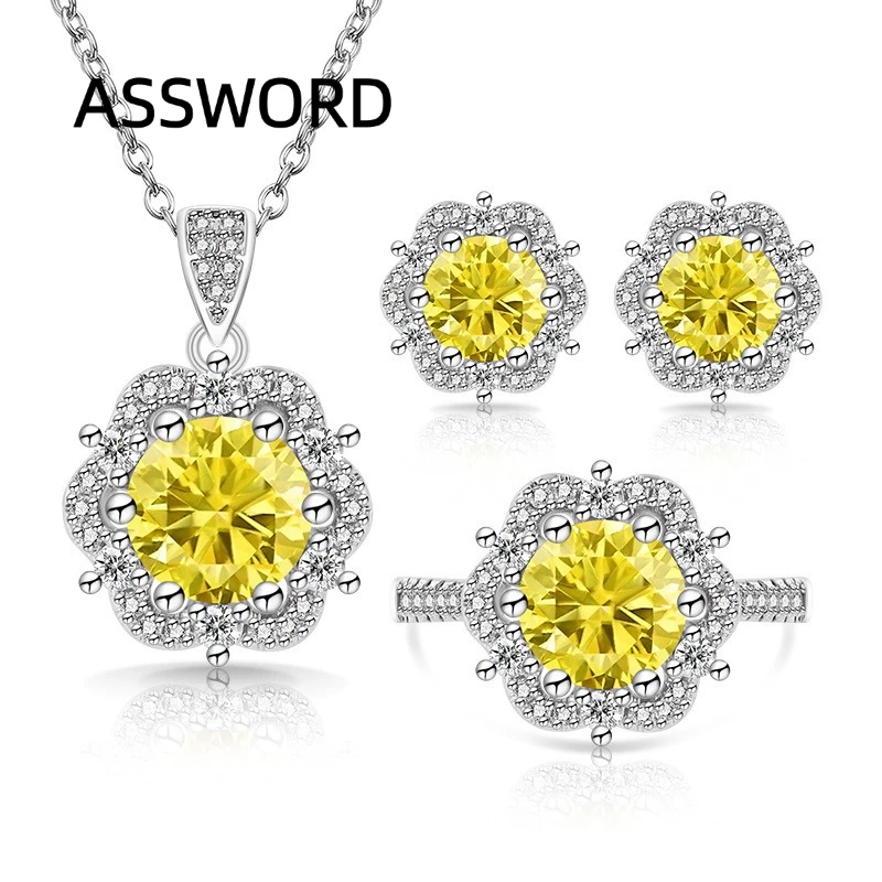 925 Sterling Silber Blumenform CZ Schmuckset Damen Anhänger Halskette Ohrstecker Verstellbarer Ring Brautschmuck Hochzeitsgeschenk – Detail 5