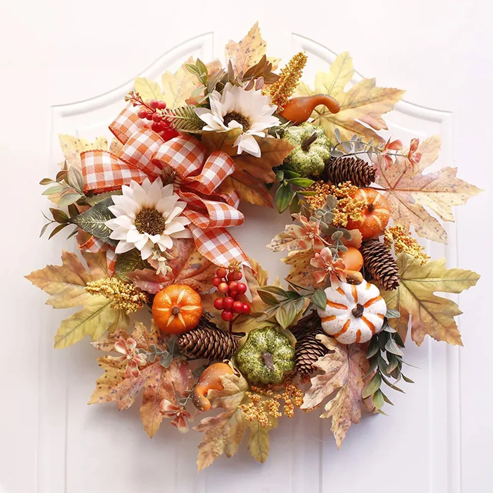 Fall Grain Wreaths Harvest Autumn Door Wreath Christmas Halloween Decor Pumpkin Berry Maple Leaf Artificial Wreath Home Decor