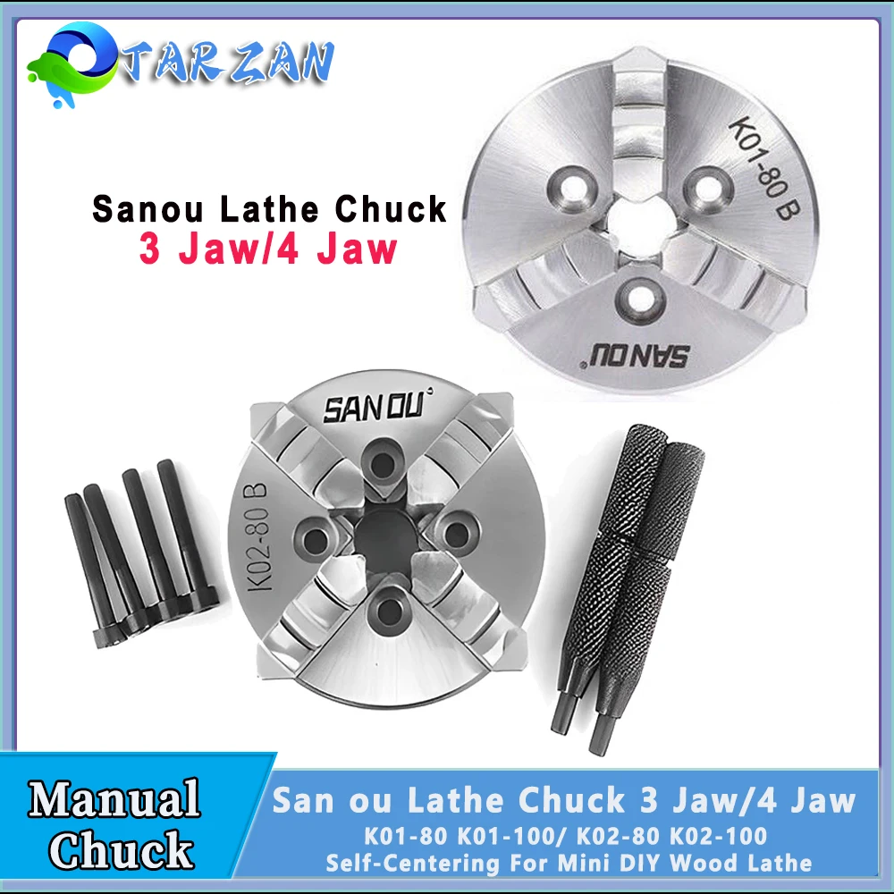 Sanou Chuck 3/4 Jaw Mini DIY Wood Lathe Self-Centering K01-80B K01-100B/ K02-80B K02-100B M14*1 thread With 11-19mm Connector