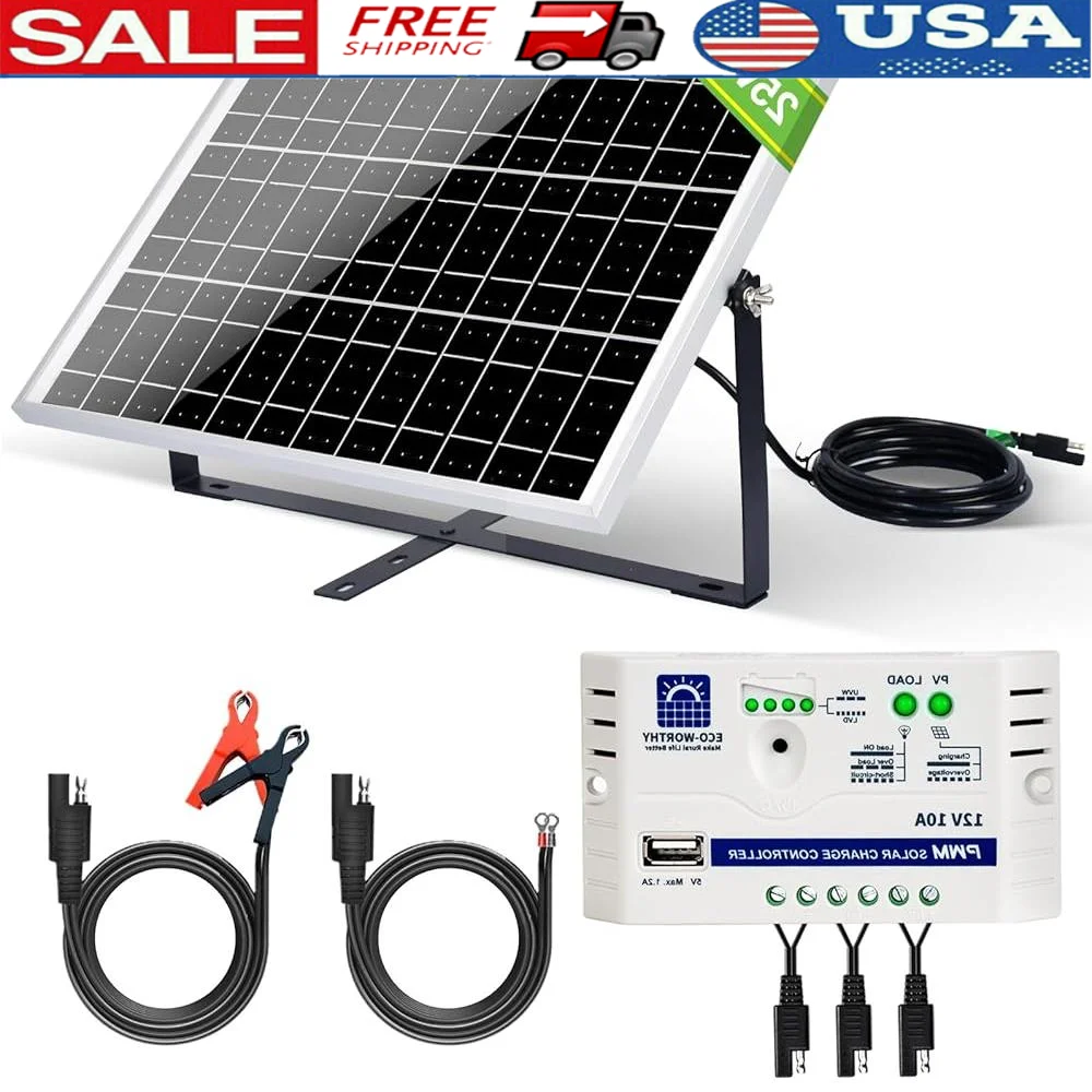 

25W 12V Off Grid Solar Panel System with 10A Charge Controller Adjustable Bracket SAE Connection Battery Maintenance