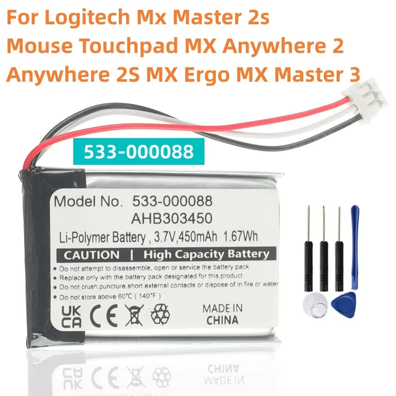 Original Battery 533-000088, AHB303450 For Logitech Mx Master 2s Mouse Touchpad MX Anywhere 2 Anywhere 2S MX Ergo MX Mas+ Free T