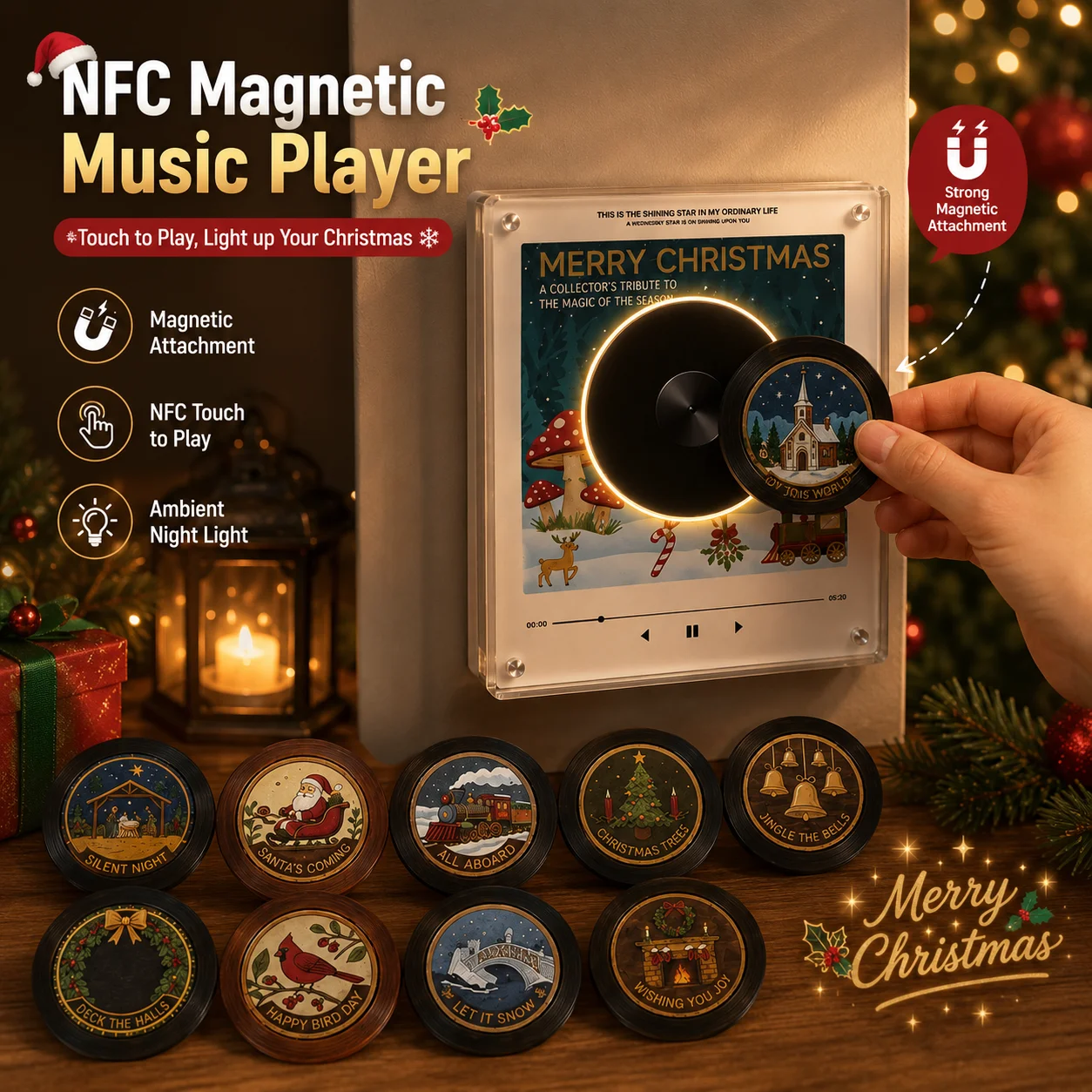 Christmas NFC Automatic Singing Magnetic Fridge Magnet 9 Replaceable Rotating Disc Night Light Fridge Ornament Christmas Gift