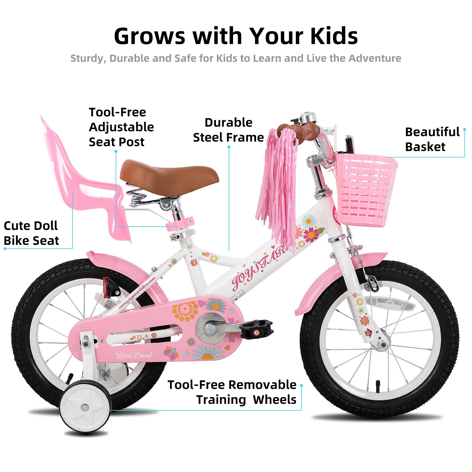 JOYSTAR kinderfiets voor kinderen van 2-7 jaar, 12 14 16 inch meisjesfietsen met poppenstoel en streamers, jongensfiets met vlag en plaat