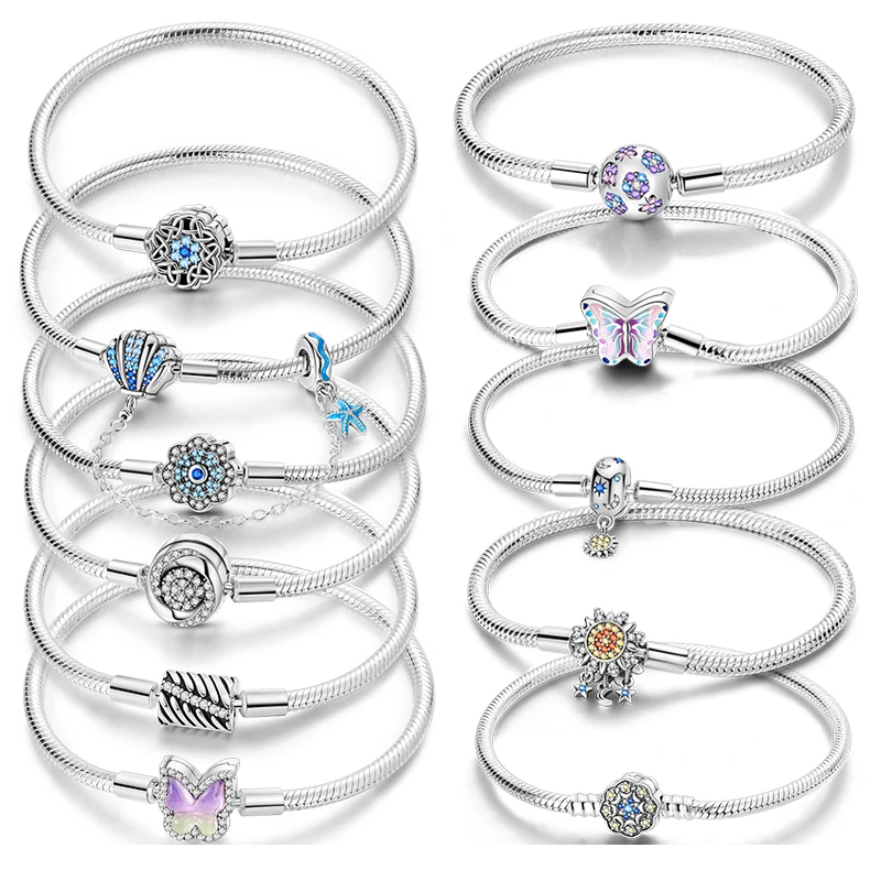 

New 925 Sterling Silver Ocean Pentagram Sea Shell Clip Bracelet Snake Chain Sliding Bracelet Women's Jewelry