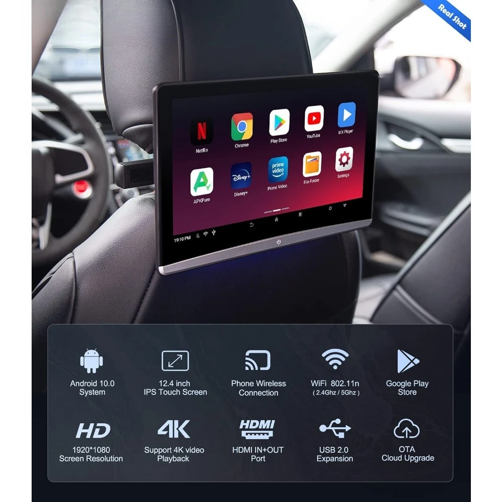 NEW - 12.4" Android 4K Car TV Headrest Monitor Tablet for Back seat, Support Phone Wireless Connection Mirror Link