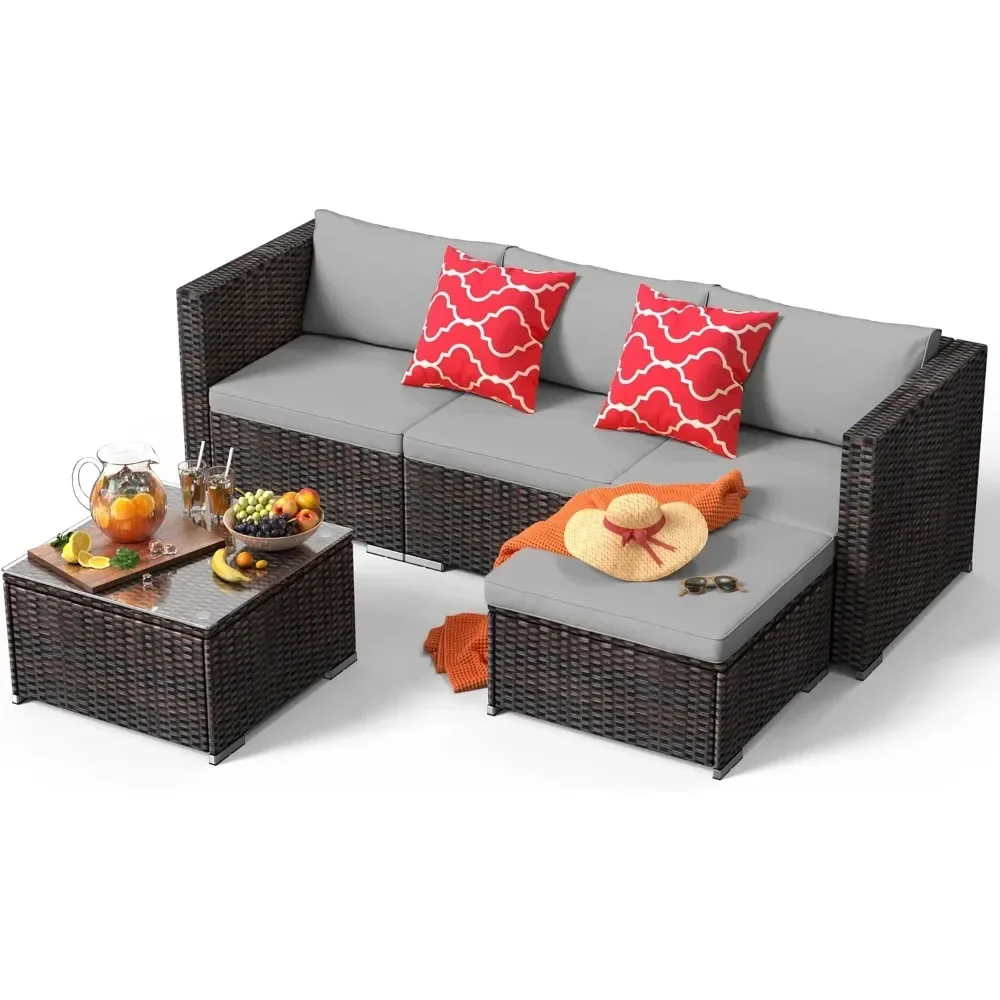 Outdoor Patio Sofa Set PE Wicker Rattan Sectional Conversation Sofa with a Glass Coffee Table for Backyard Porch Poolside Patio