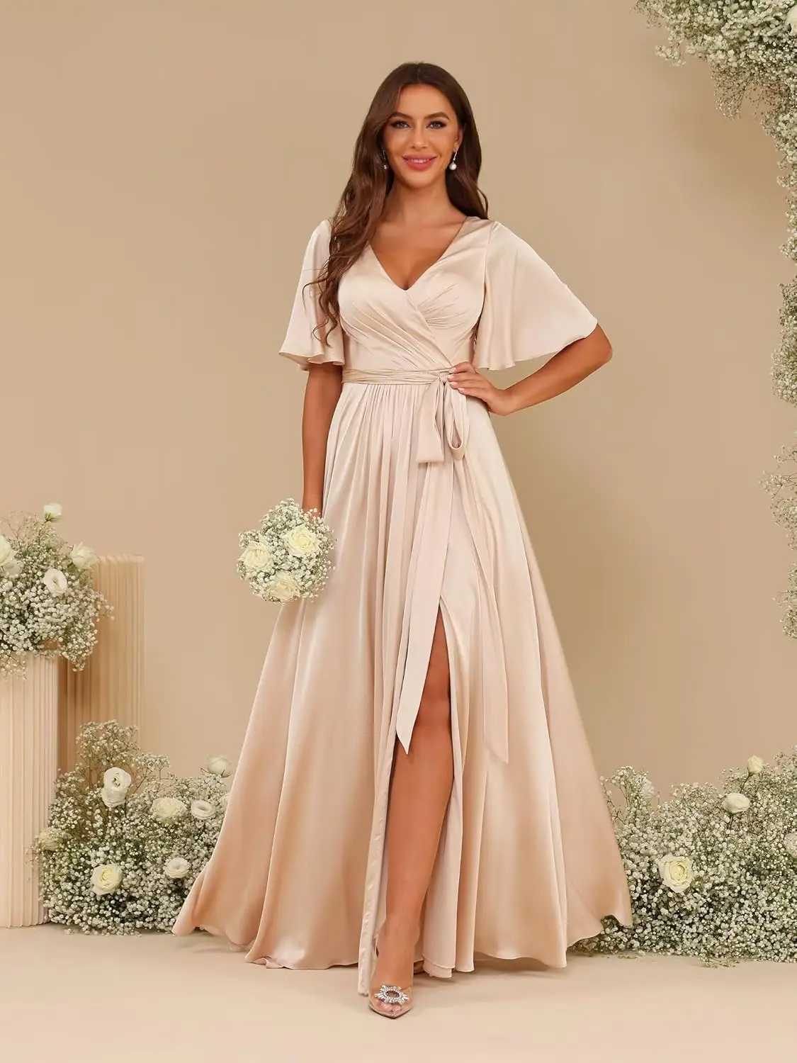 Women's Short Sleeves A-line Bridesmaid Dresses 2025 with Slit Long Ruched Satin Prom Dresses  Evening Dresses