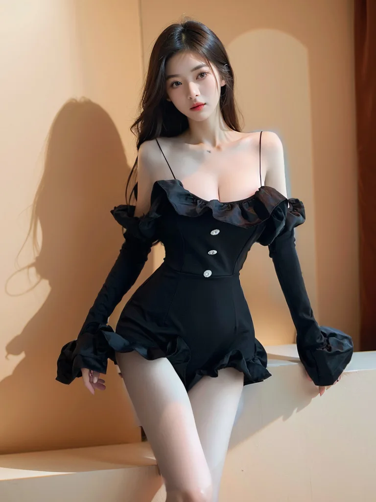 New Sexy Solid Black Suspender One Shoulder Strapless Flounce Tight Bodysuits Soft Girl One-piece Temperament Women Rompers E36L