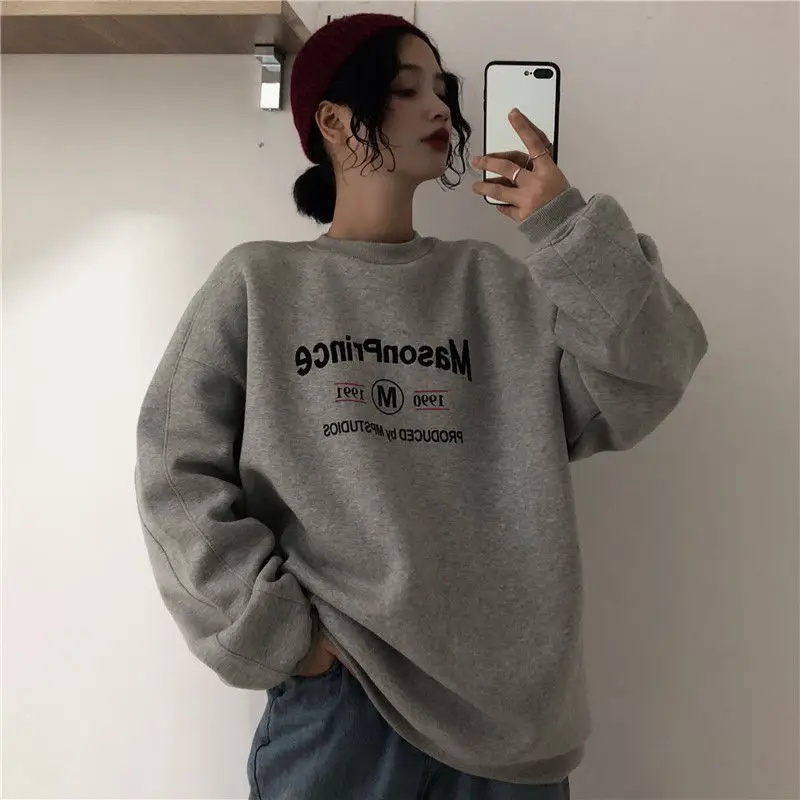 Vintage gray round neck hooded sweatshirt for women spring and autumn thin ins trendy loose lazy style Korean style y2k top emo