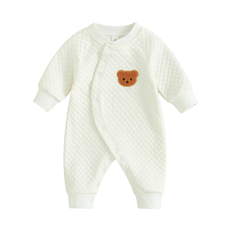 Baby Boys Girls Quilted Jumpsuits Cute Long Sleeve Bear Embroidery Rompers Newborn Outfit