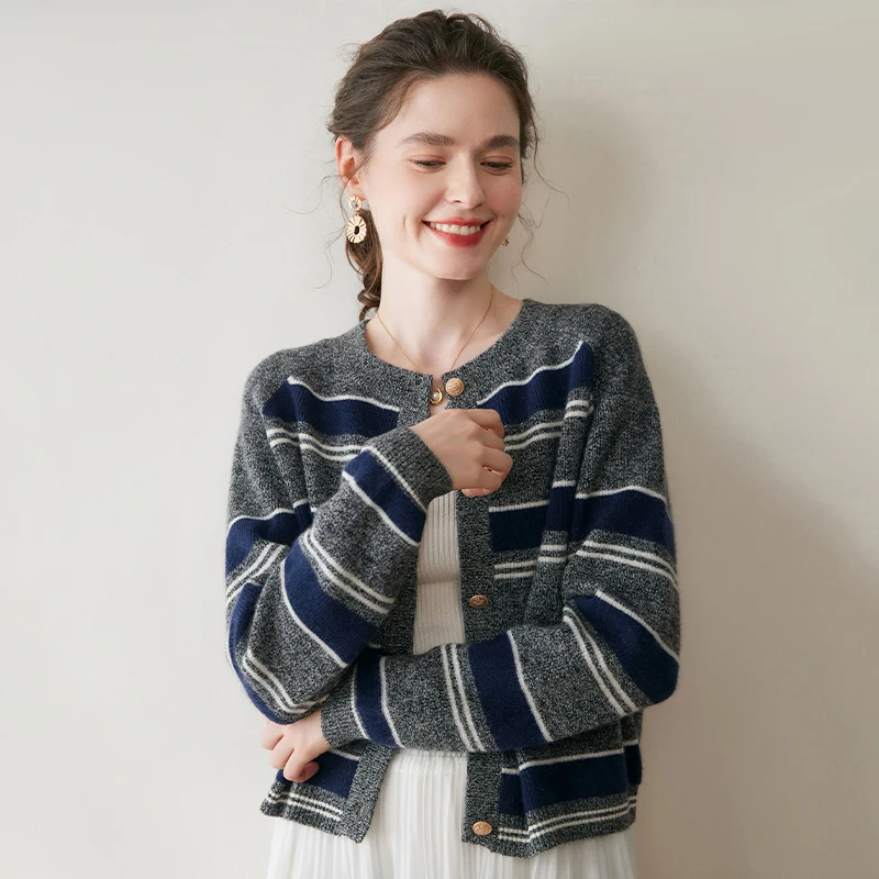 

MEETCC Women 100% Cashmere Cardigan O Neck Striped Sweater Jacket Autumn Winter 100% Cashmere Knitwear Chic Color Contrast Tops