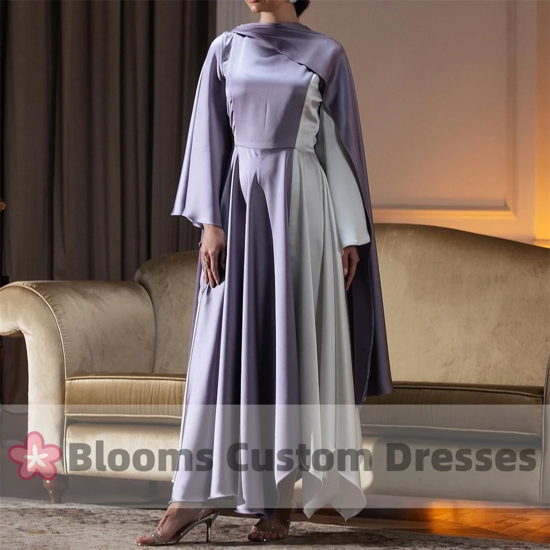 Blooms Multicolor Long Sleeves A-Line Prom Dresses Saudi Shawl Saudi Evening Dress for Formal Occasion Satin Eid Party Gown