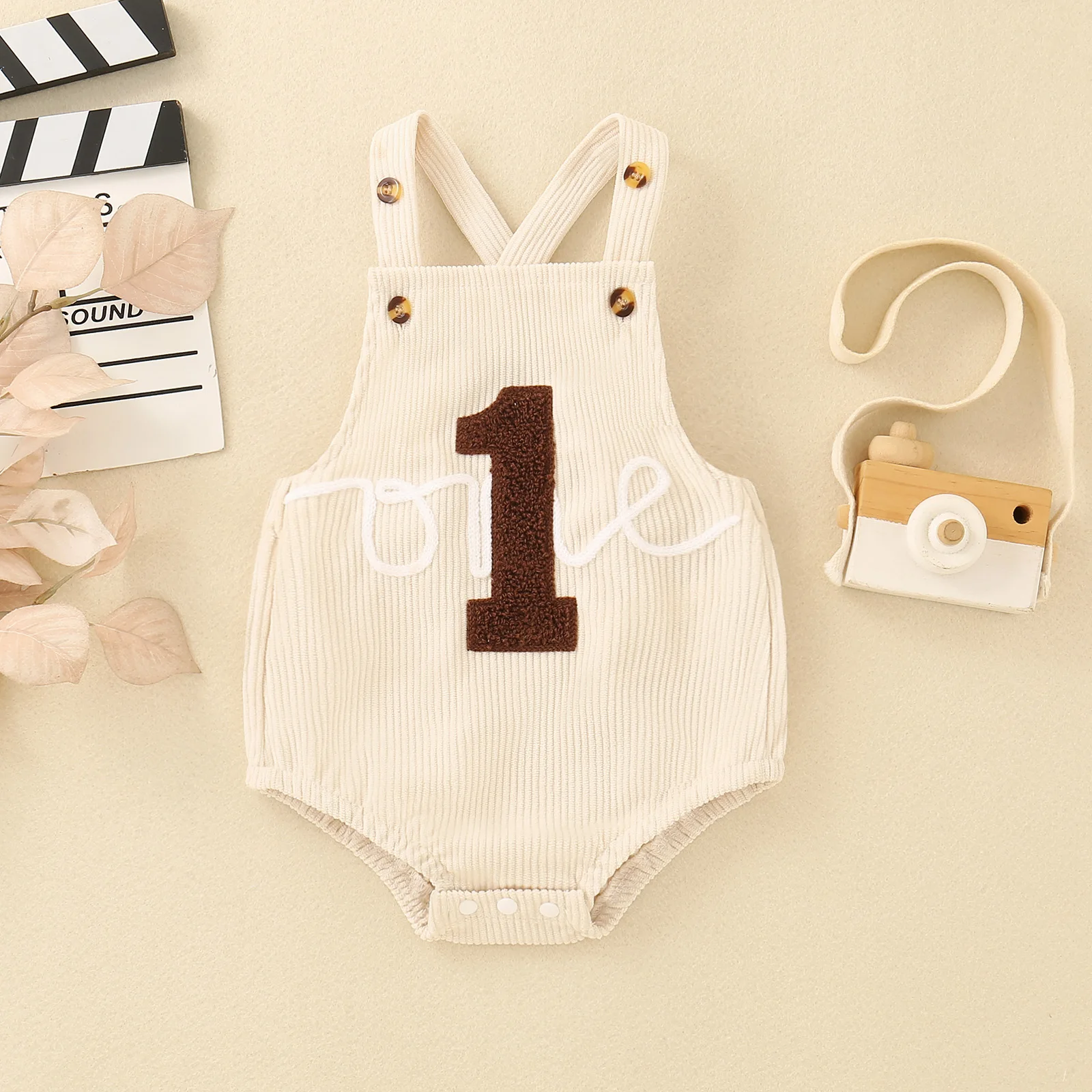 Neutral Baby Beige Corduroy Cross Back Romper ONE Embroidery 1st Birthday Photo Bodysuit
