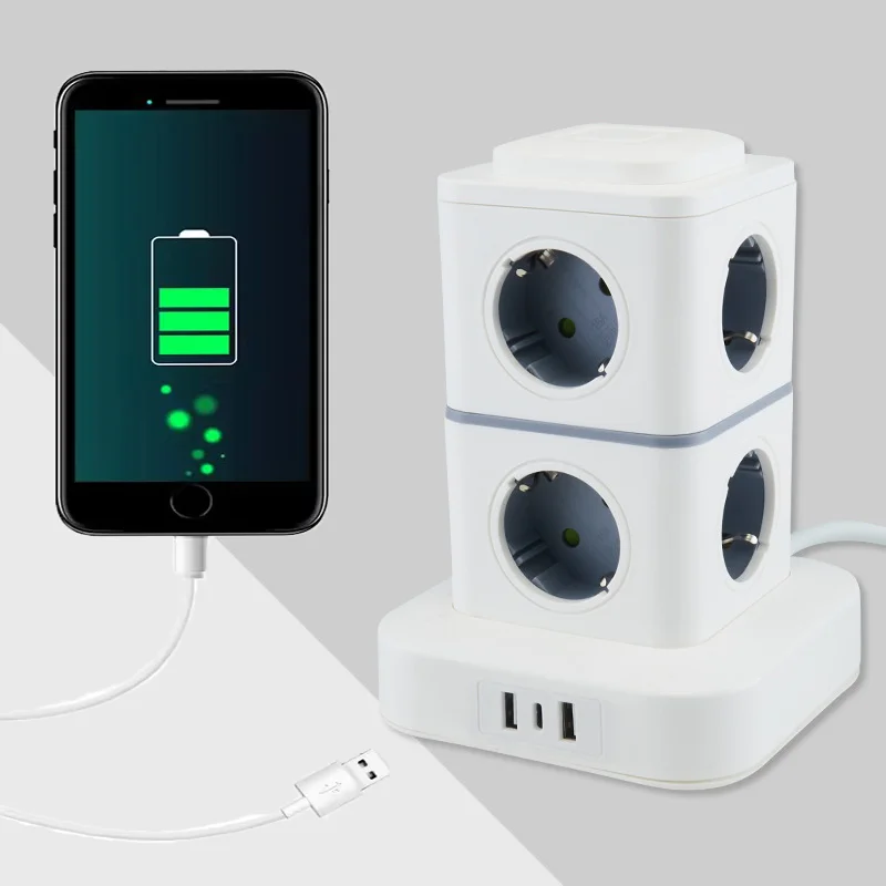 EU Plug Tower Extension Power Strip with USB Tower Multiple Socket with Switch Surge Protection 1.8M Extension Outlet 250V 10A