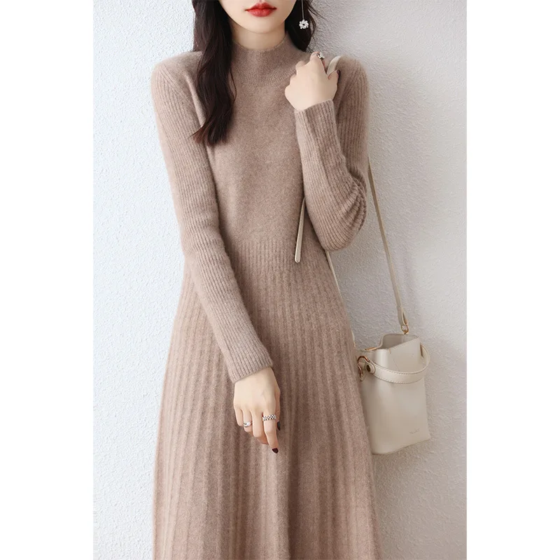 Women's Fashion Autumn and Winter New Half High Collar 100% Pure Wool Slim Fit Solid Color Bottom Fashion A-line Knitted Dress