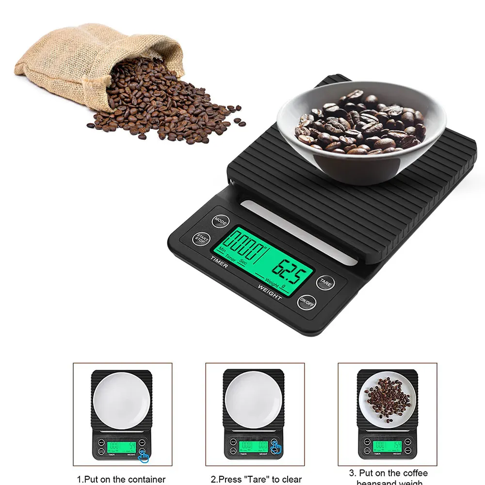 0.1g/3000g Scala elettronica da cucina con timer Vassoio antiscivolo LCD Digital Food Coffee Balance Strumento di misurazione di alta precisione