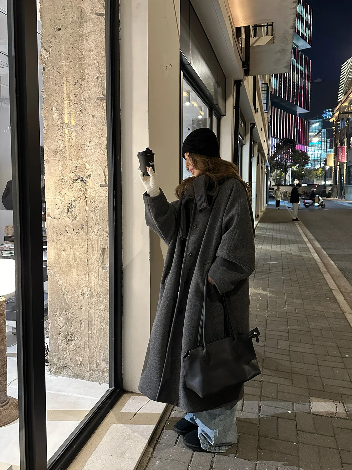 

D YANGJUN Winter Casual Loose Women's Coat 2026 New Style Woolen Jacket Long Sleeve Stand Collar Batwing Sleeve Polyester