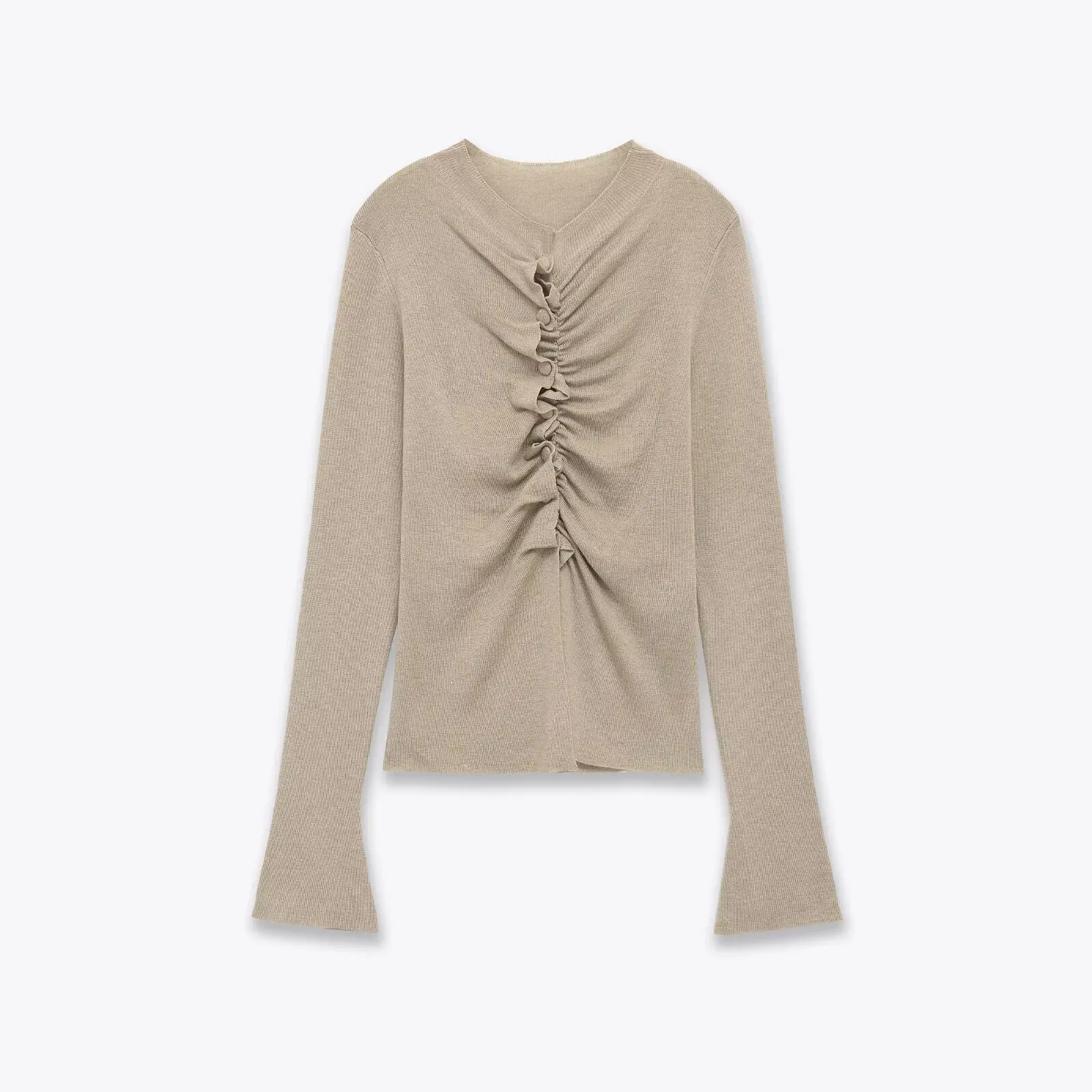 Maxdutti Minimalista Champagne Pieghettato Monopetto Cardigan lavorato a maglia Donna Top Camicia a maniche lunghe Maglioni Abbigliamento donna