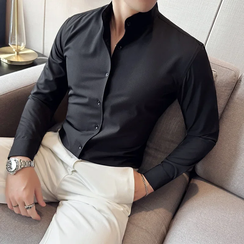 نابولي الإيطالية بلون قميص رجالي بأكمام طويلة الكورية موضة تمتد سليم صالح رجالي فستان قمصان رسمية الوقوف قميص بلايز