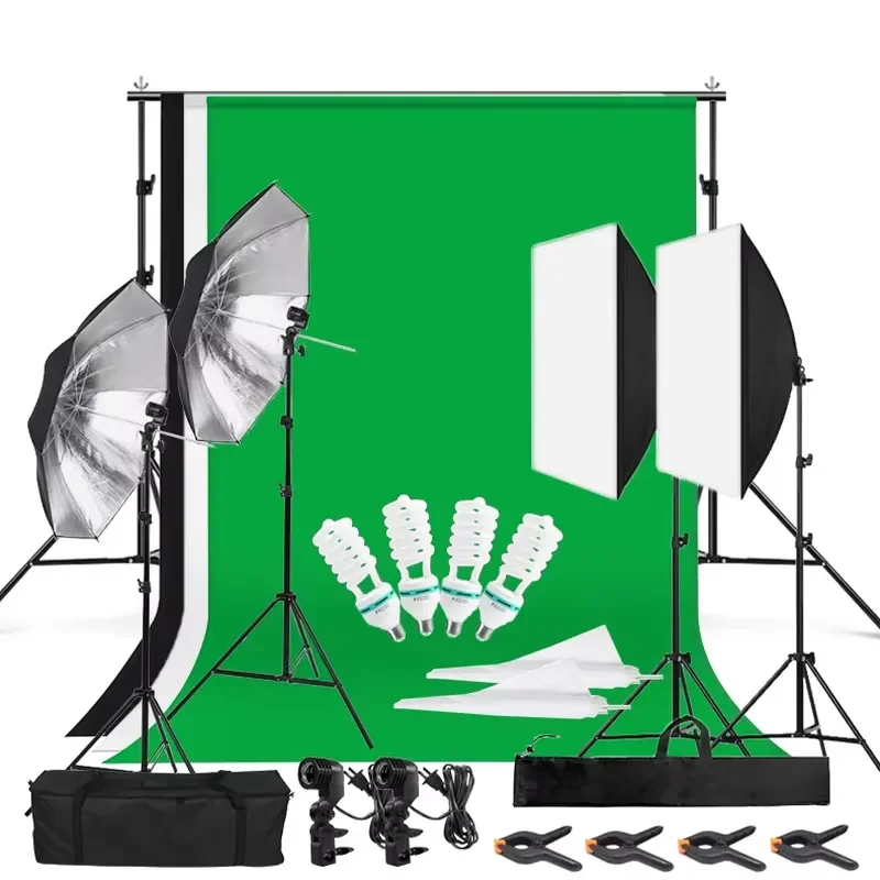 Photography Studio Lighting Kit with 2.6M x Background Stand Green Screen Softbox Umbrella Bulb Light Set for Video Photo