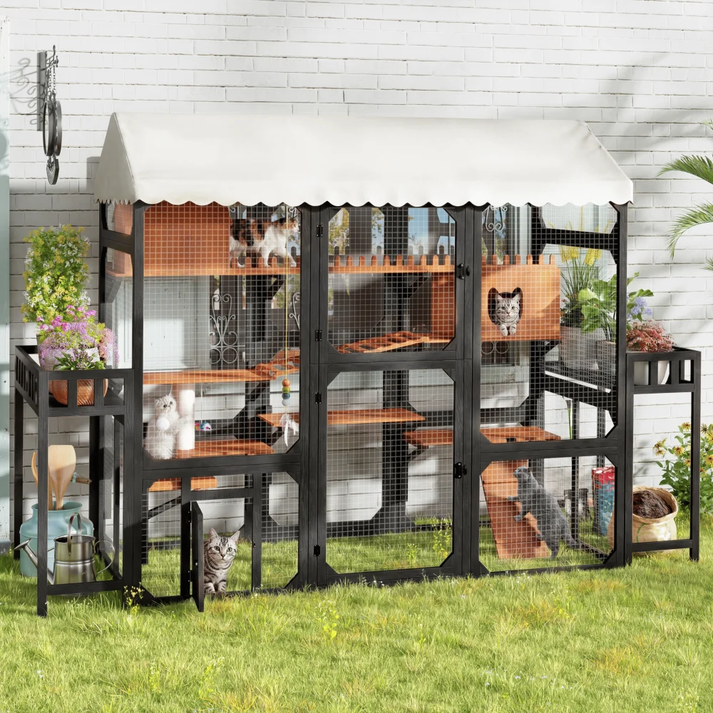 

Large Outdoor Wooden Catio (2 Plant Stands): Multi-Level Enclosure with Weatherproof Roof, Box, Ramps & Mesh, Black