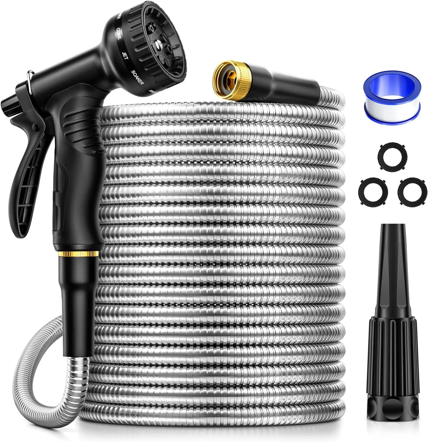 

Garden Hose Water Hose 75 ft - 304 Stainless Steel Metal Hose with 10 Function Nozzles, No-Kink, Rust Proof, Easy to Store