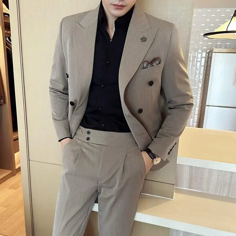 (Blazer + Trousers) Fashion Double Breasted Design Slim Men\'s Suit Italian Style Luxury Wedding Social Party Tuxedo 2 Piece Set