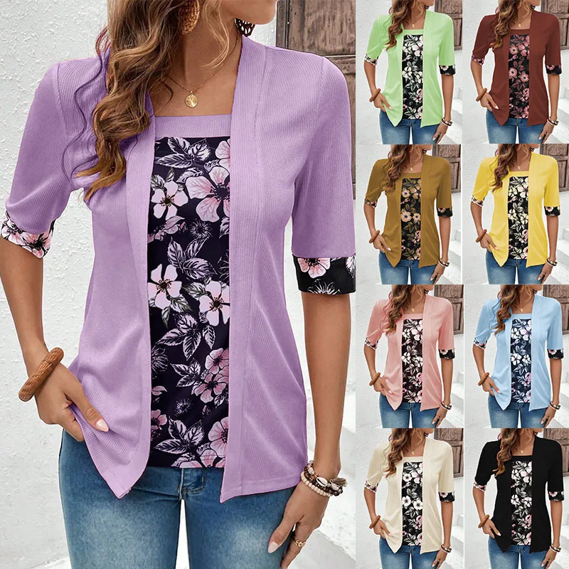 T shirt women 2026 fashion five-sleeved floral printed fake two pieces new summer tshirt women's clothing