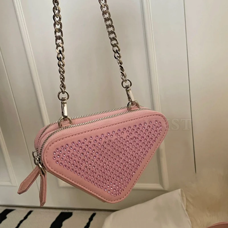 UXST Luxury Rhinestone Mini Triangle Bag Chic Exquisite Chain Pocket Purse Women Trend Lipstick Hanging Bag Crystal Evening Wris