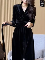 Autumn Elegant Velvet Jumpsuits Women Korean Style Bandage Designer Office Lady Jumpsuits Long Sleeve Casual Jumpsuits 2022 New