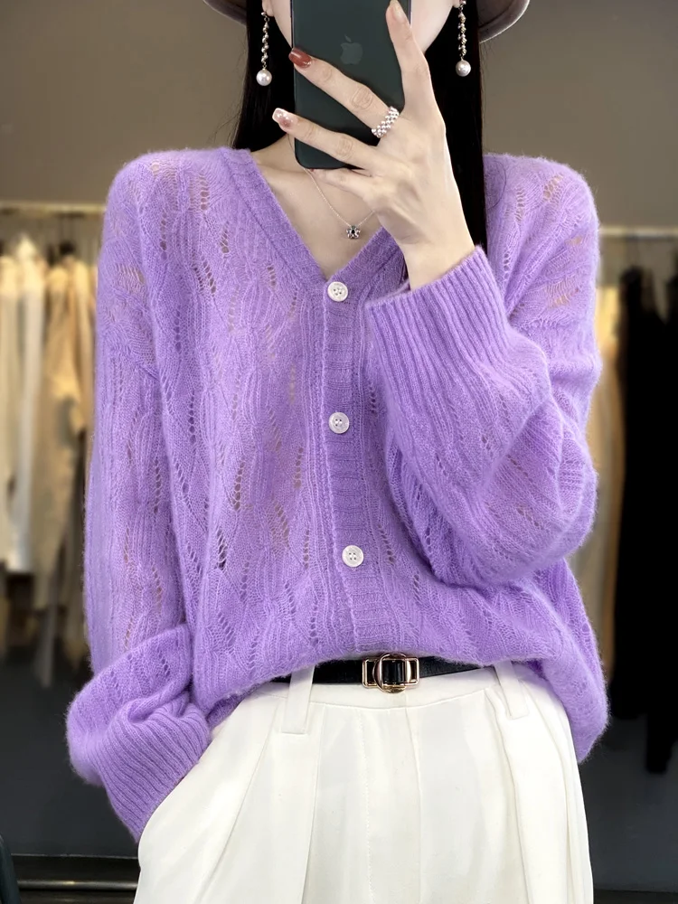 2024 Spring Summer Women Cardigan 100% Merino Wool Long Sleeve Knitted Sweater Fashion Casual Lady Coat V-Neck Loose Women Shirt
