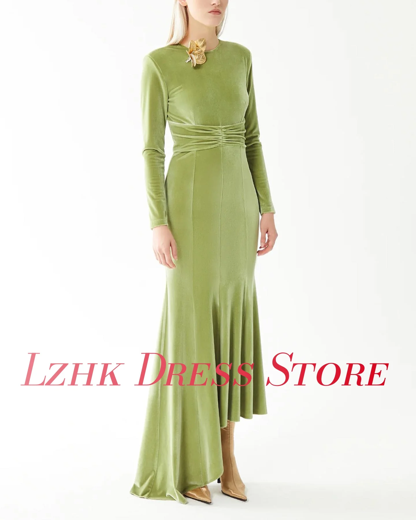 Abito da sera a sirena con fiori 3D in velluto delicato personalizzato Temperamento maniche lunghe O-collo Lunghezza pavimento فسات intellimavera