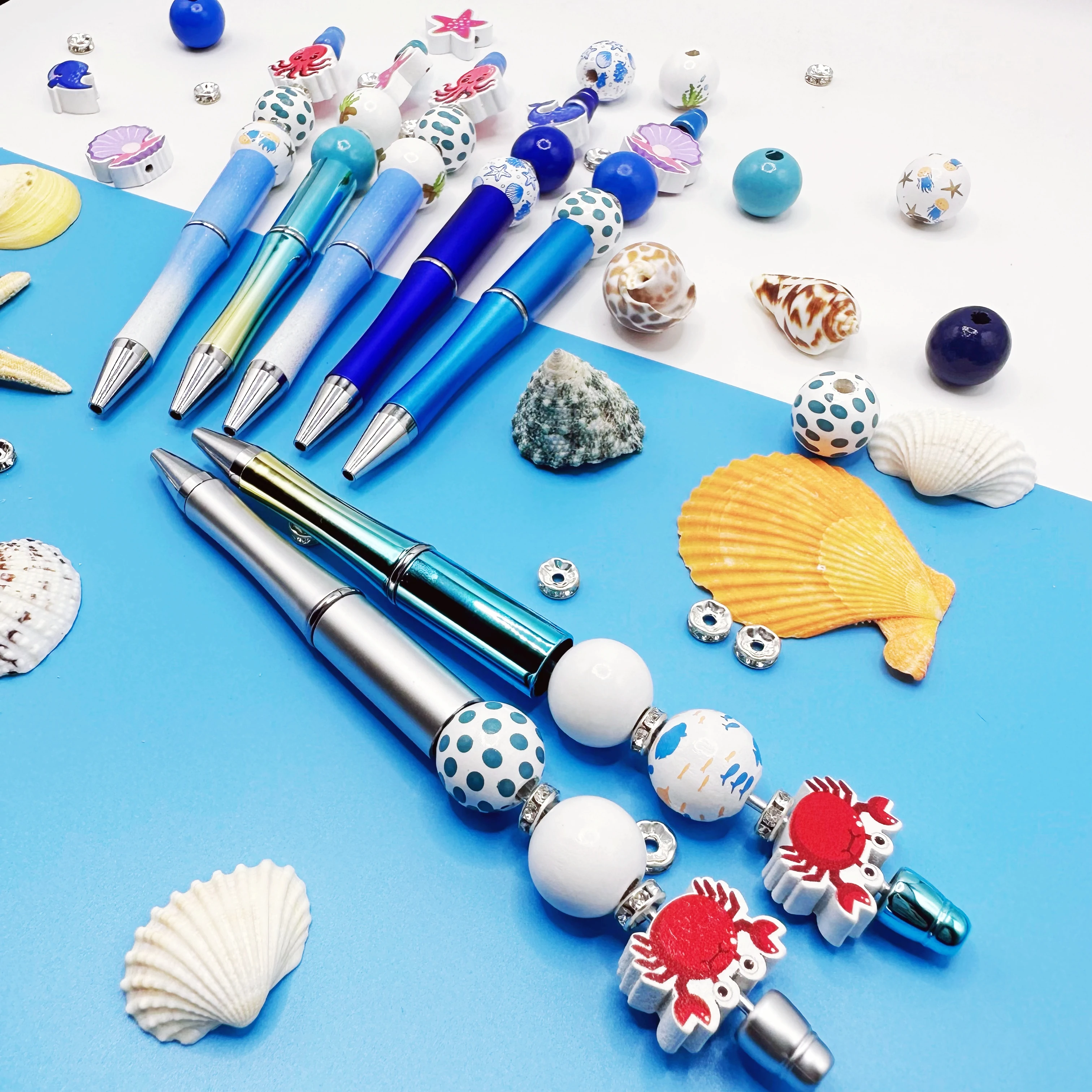 7個入り水中世界カニタコクジラヒトデ貝殻テーマDIYビーズボールペンと木製ビーズセットDIYビーズ用品