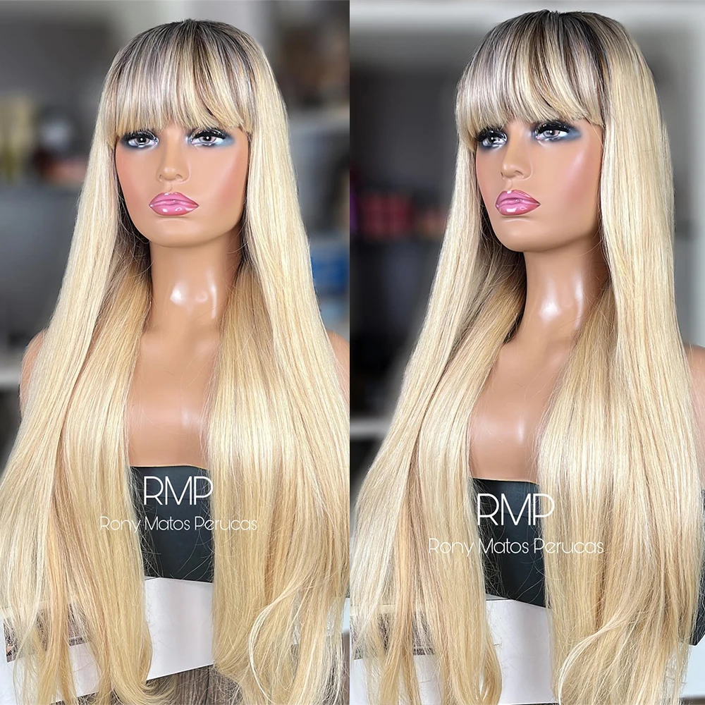 30 Inch Synthetic Lace Front Wig with Bangs 613 Blonde Long Straight Wig For Women Fashion Wig Dark Roots For Daily Party Use