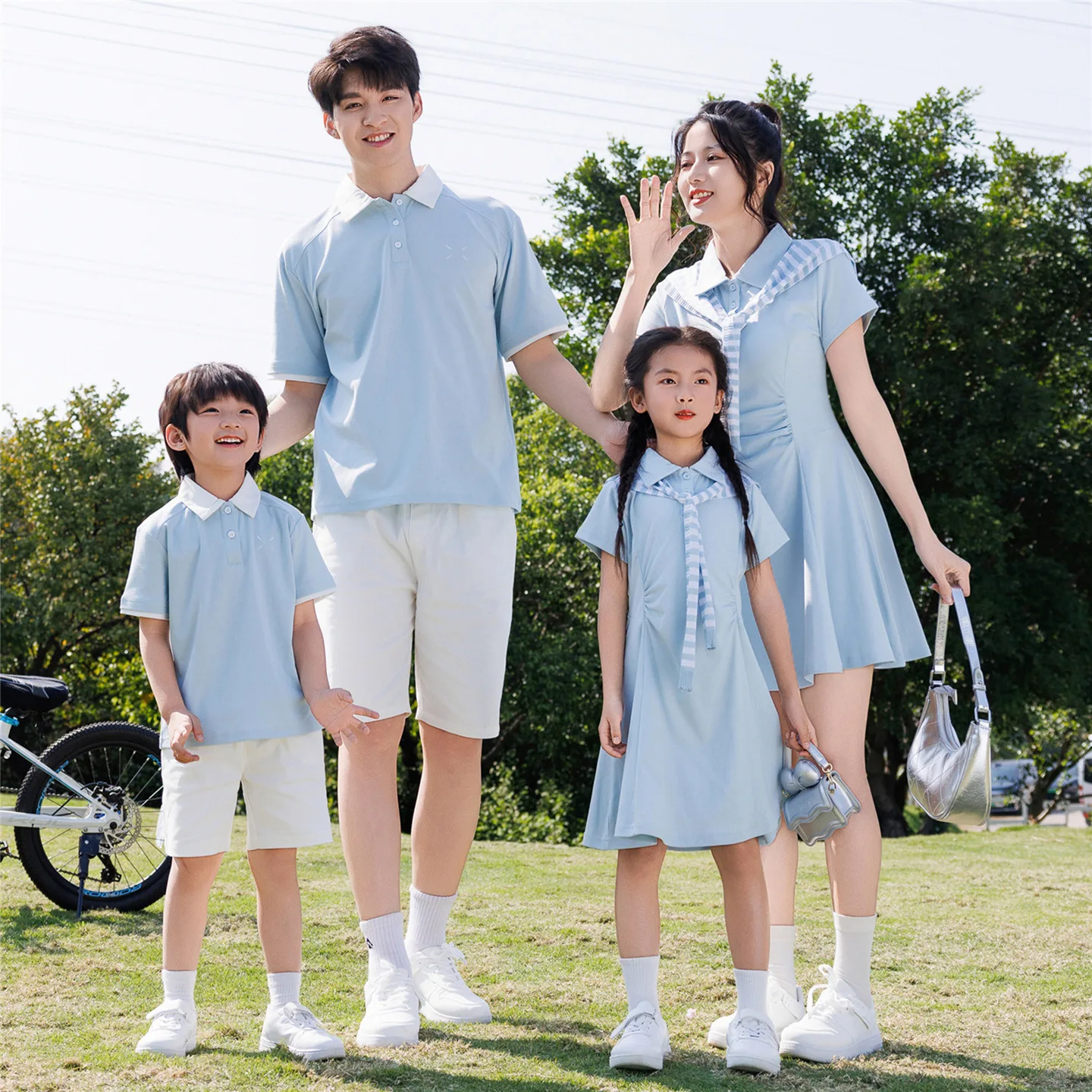 

2026 Summer Family Matching Outfits Polo Style Dress & Shirt Set Casual Daily Wear for Mom Dad Kids Light Blue Family Day Outfit
