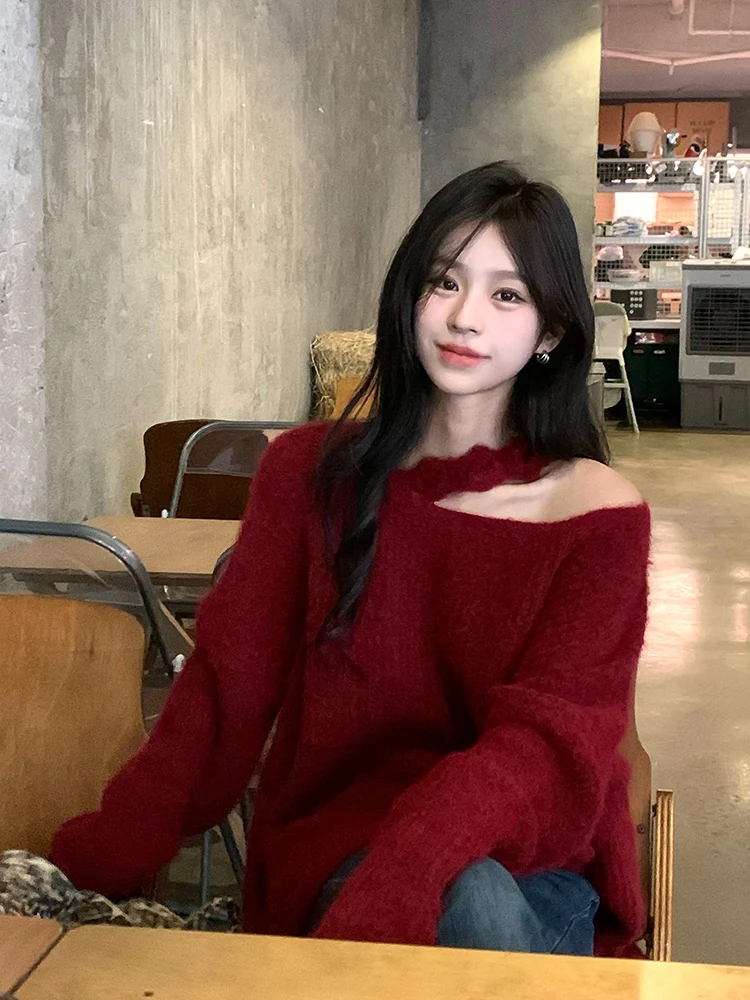 

Red Woolen Knitted Sweater Women's Loose Sle Inner Wear Top V-Ne Long Sve Autumn Winter Comfortable Soft Polyester Blend