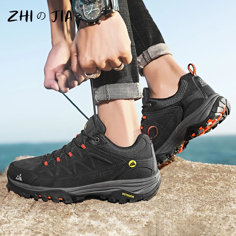 Outdoor Sports Off-Road Shoes Autumn Winter Men\'s Hiking Shoes Thick Soled Wear-Resistant Anti Slip Sneaker Genuine Leather