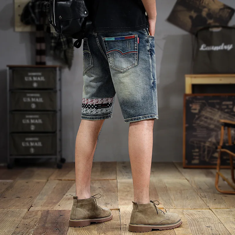 Denim Shorts Men's Summer Trendy Ripped Straight Ins Fashion Embroidered Printed Middle Pants Scrape Distressed Casual Shorts