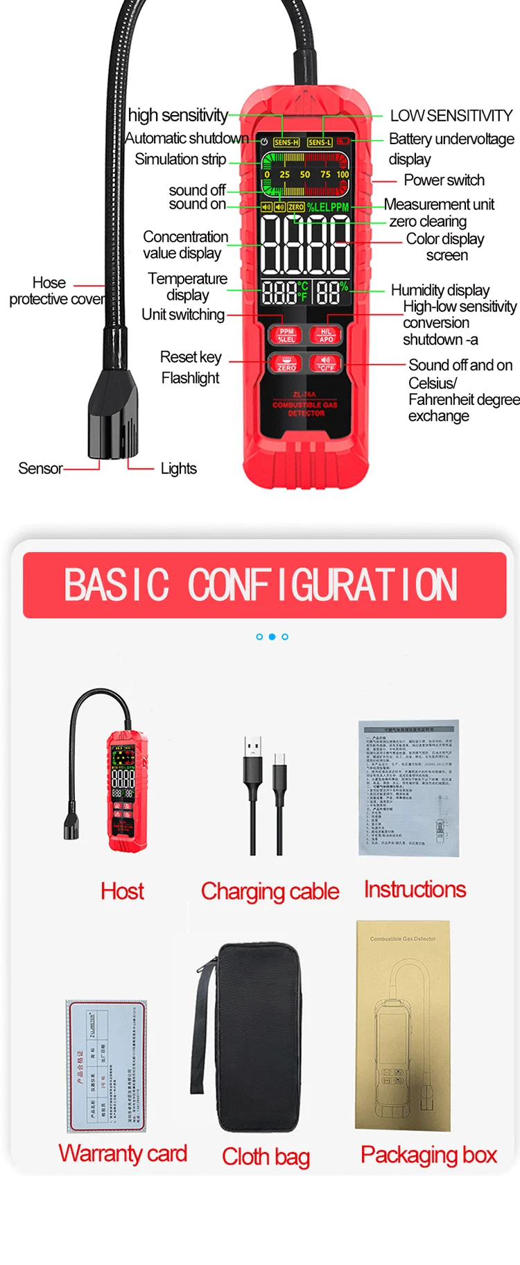 Detektor für brennbare Gase, tragbares Lademodell, Erdgas, Kohlegas, Leckagealarm, Lufttemperatur- und Luftfeuchtigkeitstest, 1 Set – Detail 11