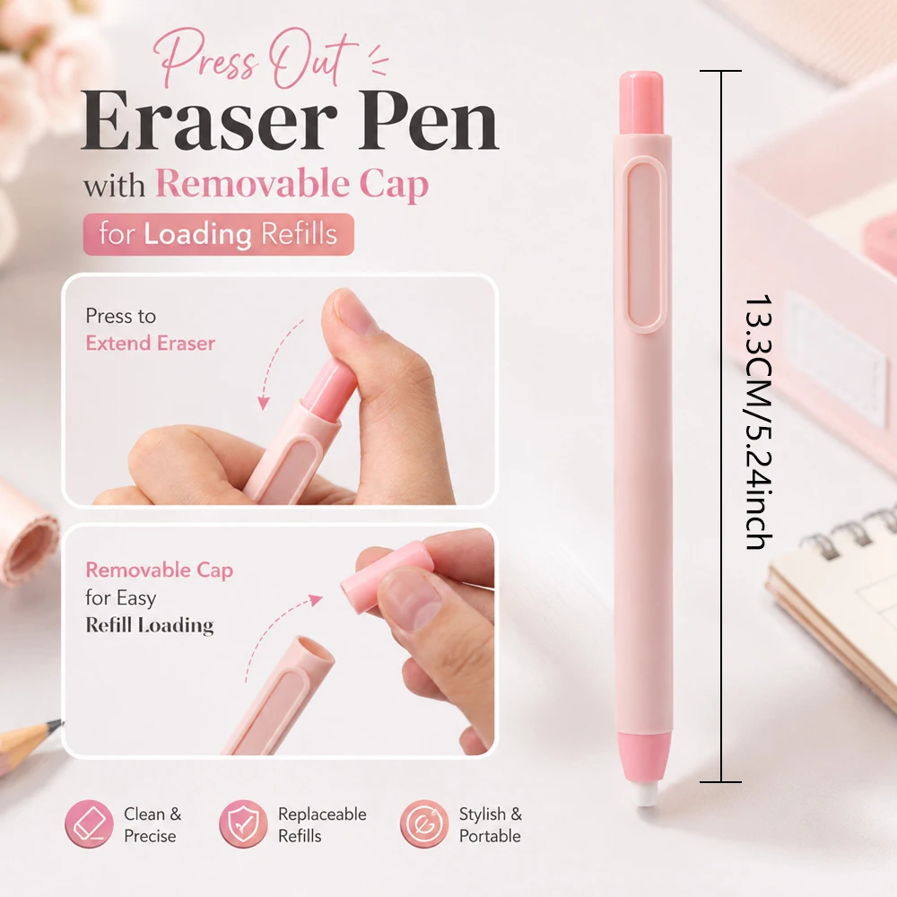 Eraser Pen Card Set Creative Pen Shape Press Type Pencil Eraser with Replaceable Core Sketching Painting Writing Erase Supplies view 5