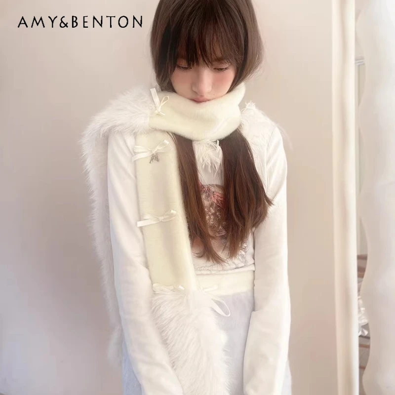 

Original Design White Plush Woolen Women's Accessories Japanese New Sweet Cute Bow Y2k Versatile Warm Irregular Scarf Ladies