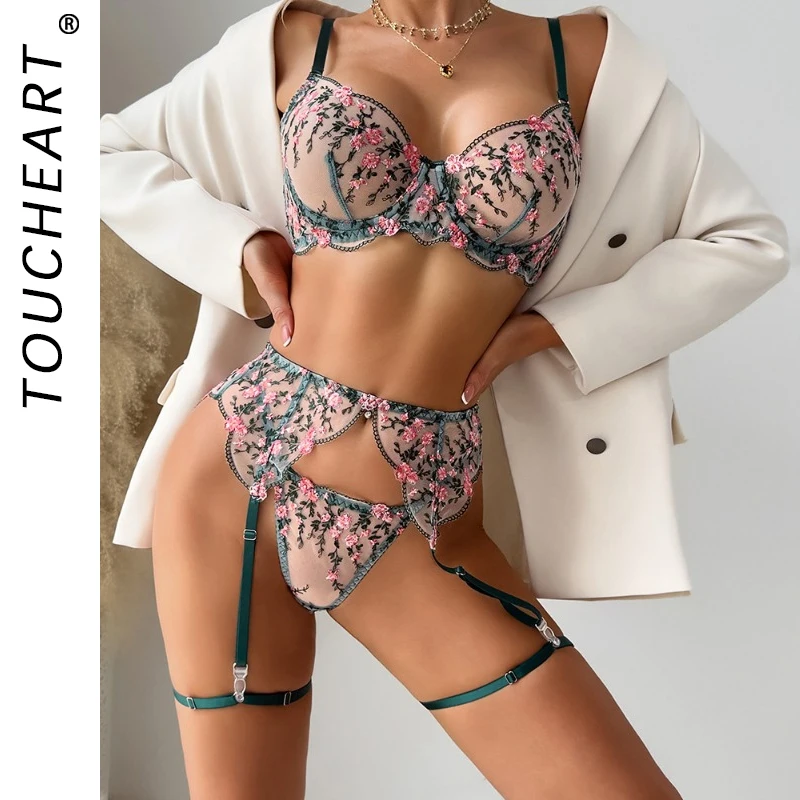

Toucheart Sexy Lingerie Suit for Women Floral Sexy Perspective Embroidery Steel Ring Gathering Bra Waist Seal Leg Cover 5-piece