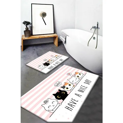 Else Carpet Else Cute Cats Pattern Washable Anti-Slip Soles 2li Bath Mat Doormat Toilet Seat Pad