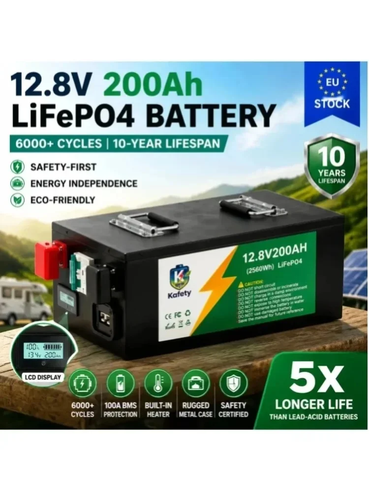 Bateria LiFePO4 dostępna w magazynie w UE, 12 V, 200 Ah / 24 V, 100 Ah – system BMS o prądzie 100 A, ponad 6000 cykli ładowania, do paneli słonecznych, pojazdów rekreacyjnych, kamperów, łodzi, — 2