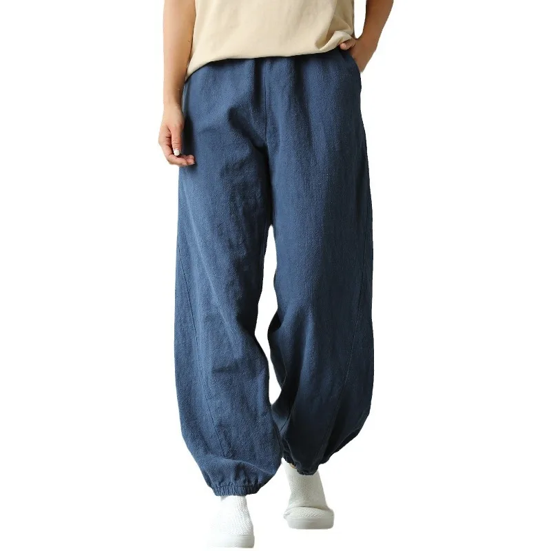 سراويل الخريف المصنوعة من القطن والكتان: سراويل حفل الشاي واسعة الساق مغسولة بالرمل #5